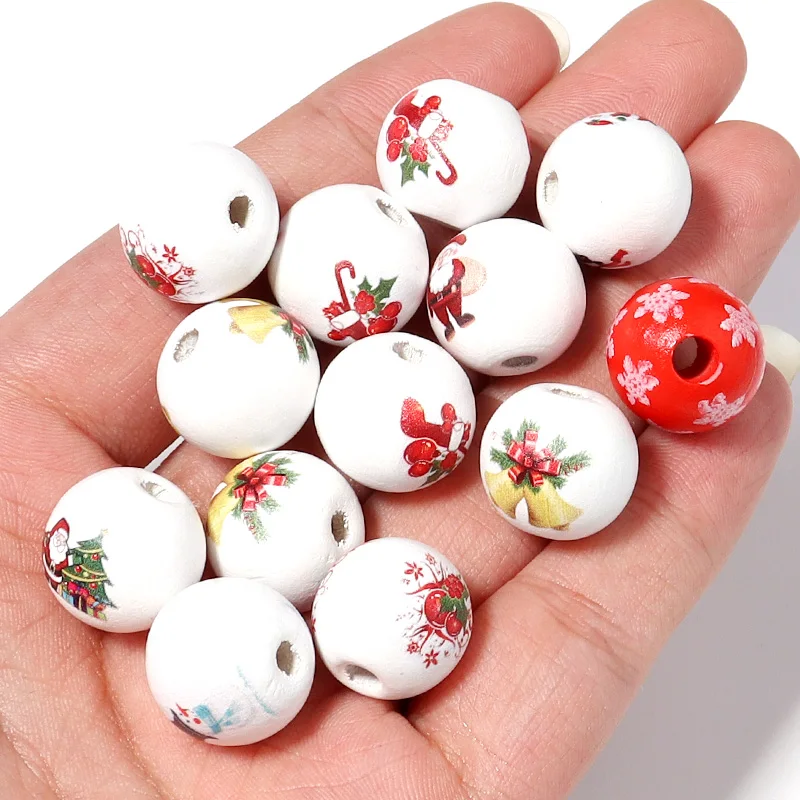 

20pcs/lot 16mm Christmas Wooden Beads Printing Santa Elk Snowflake Snowman For Jewelry Making Diy Necklace Bracelet Accessories