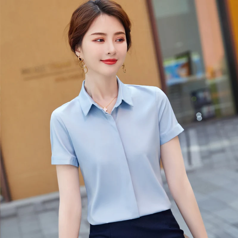 

Summer 2 Piece Women Skirt and Top Set Light Blue Blouses Shirts Short Sleeve Ladies Office Work Clothes