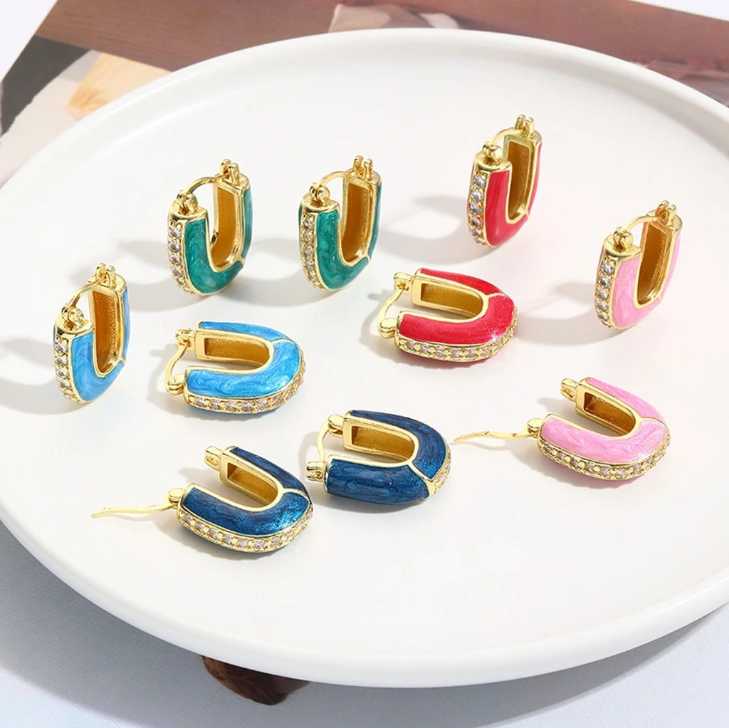 

5Pairs Vintage 18k Gold Colorful Enamel CZ Zircon Micro Pave U Shaped Summer Hoops Earrings New Women Love Earring For Gift