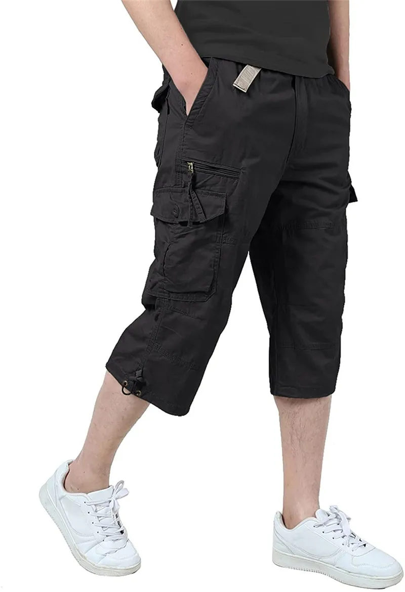 Men's Below Knee Cargo Shorts Casual Cotton Overalls Long Length Multi Pocket Hot breeches Military Capri Male Tactical Shorts