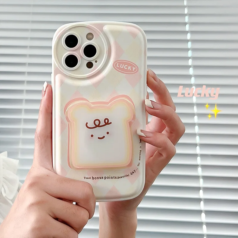 

Phone Case For IPhone 14 11 Pro Max 12 13 Mini X Xs Max XR 7 8 Plus Fashion Cartoon Toast with Bracket Protection Back Cover