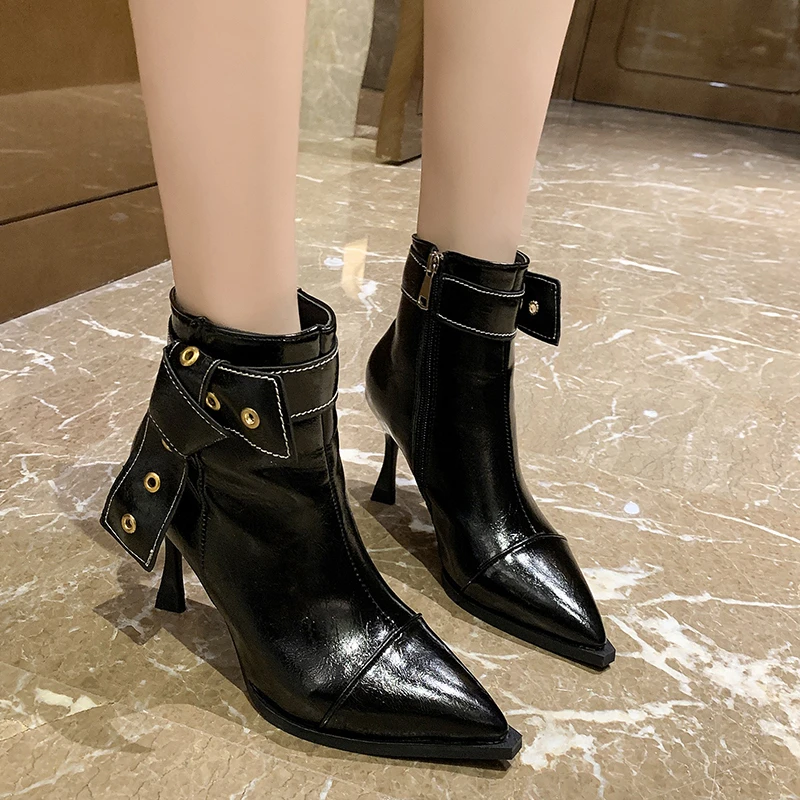 2022 New Design Girls Fashion Thin Heel Boots Ankle Short Black Pointed Boots Rivet Women Winter Bow Stiletto Shoes for Women H6