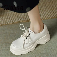 Cialisa 2022 Autumn New Women Shoes Casual Round Toe Lace-Up Cow Leather Thick Heel Daily Lady Footwear 40 Black Platform Loafer