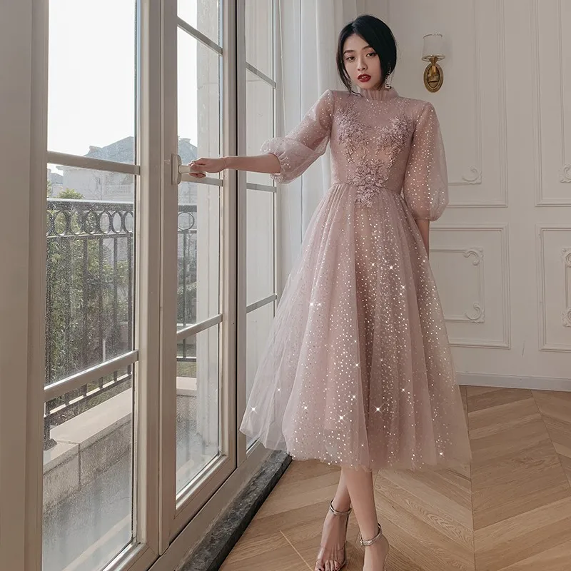 

Женское вечернее платье с блестками, длинное платье с цветочным принтом и высоким воротом, с рукавами