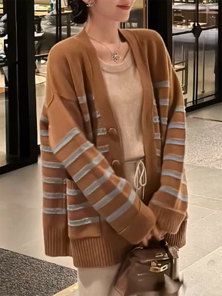 Plus size Autumn and Winter 2024 New European Sle Idle Camel Stripe V-neck Single Breasted Sweater Cardigan Outerwear