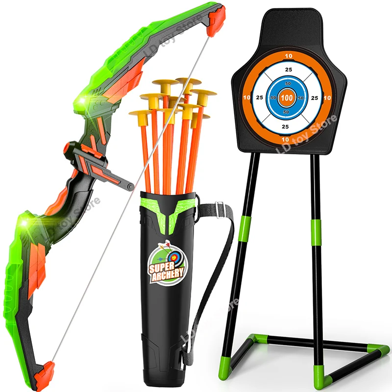 Child Boy Shooting Simulation Bow and Arrow Set Toys With LED Light Up 10 Suction Cup Arrows, Target & Quiver Outdoor Sports Toy