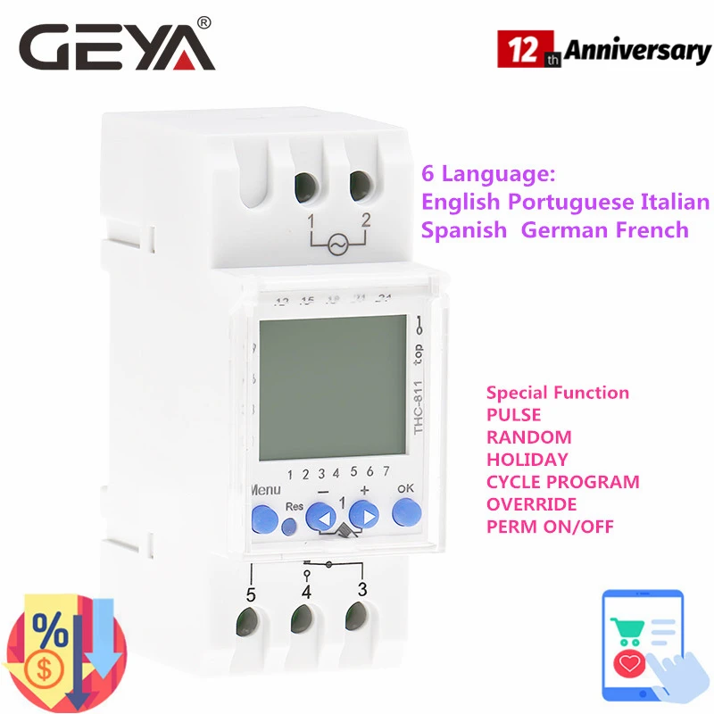 

GEYA THC-811 Din Rail 24 часов цифровой таймер с литиевой Батарея 6 Язык еженедельно таймеры для настройки 16A 220V