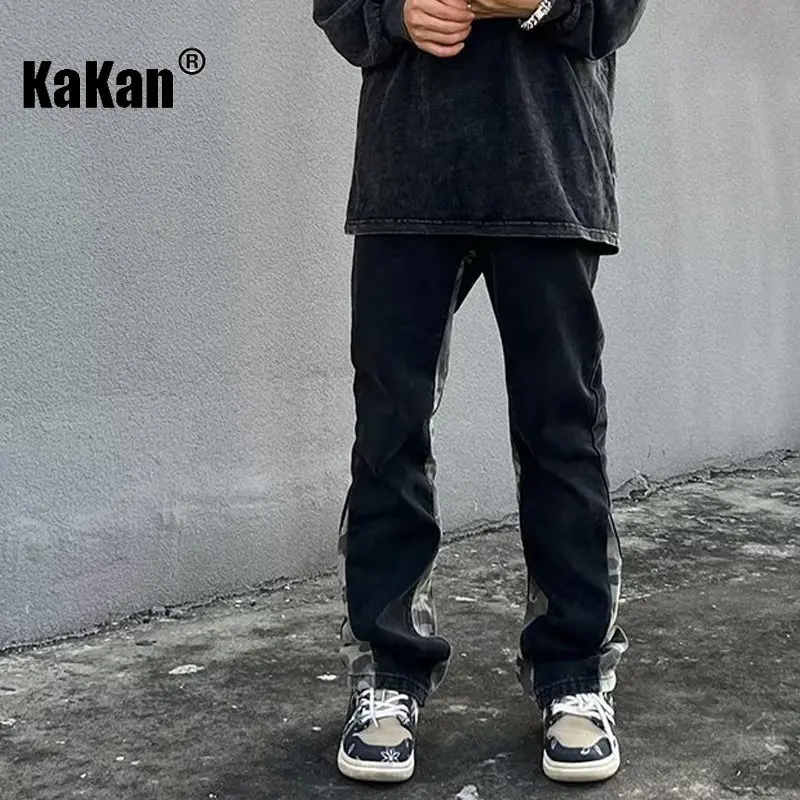 Kakan - New Washed Retro Camouflage Patchwork Jeans for Men, Black Design Feel Straight Tube Micro Flared Long Jeans K33-M004