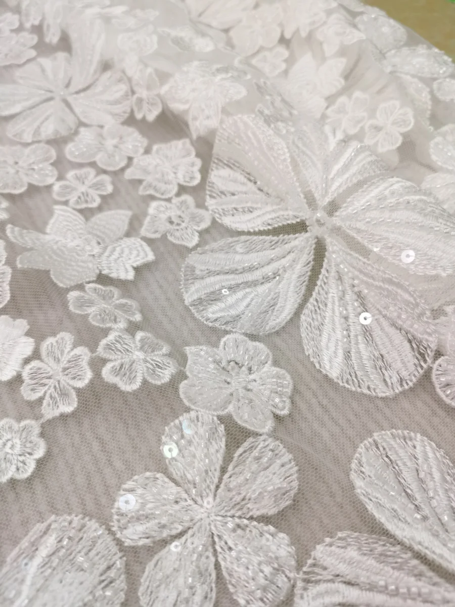 

1 Yard Ivory 3D Glass Beaded Lace Fabric Daisy Wedding Veil Embroidery Lace Fabric,Wedding Dress Bridal Gown Lace 2023 New