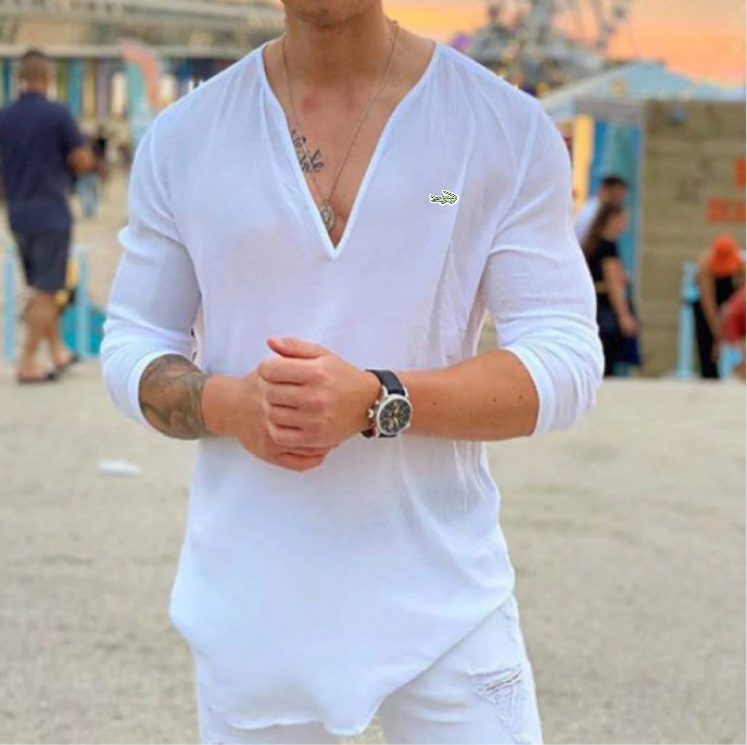 

New Men's Shirt V-neck Casual Solid Color T-shirt 2023 Men's Cotton Linen Shirt Long Sleeve Man Top Clothes Cartelo Embroidery
