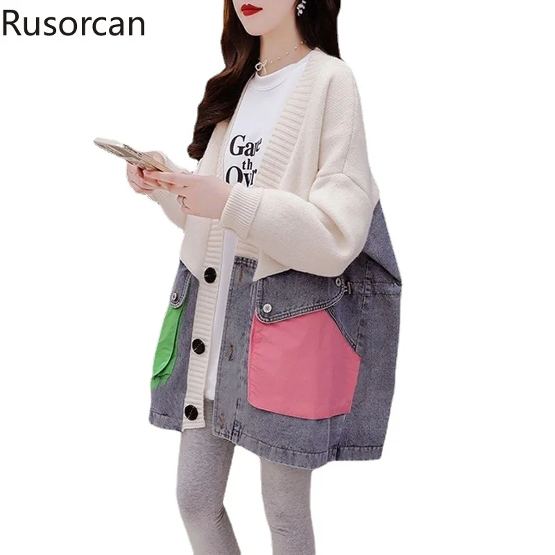 

Женский джинсовый кардиган, Свободный Повседневный Кардиган с V-образным вырезом и большими карманами, Осень-зима 2023