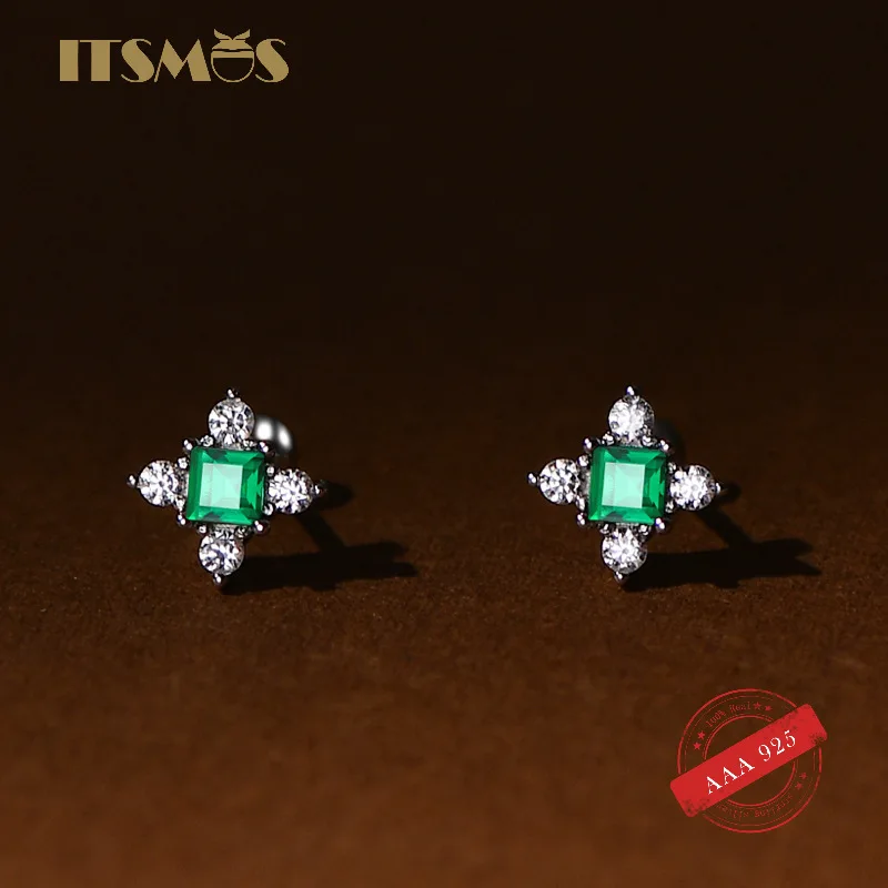 

ITSMOS s925 Sterling Silver Screw Stud Earrings Flower Green Zircon Earrings Cool Wind Fashion Piercing Earrings for Women