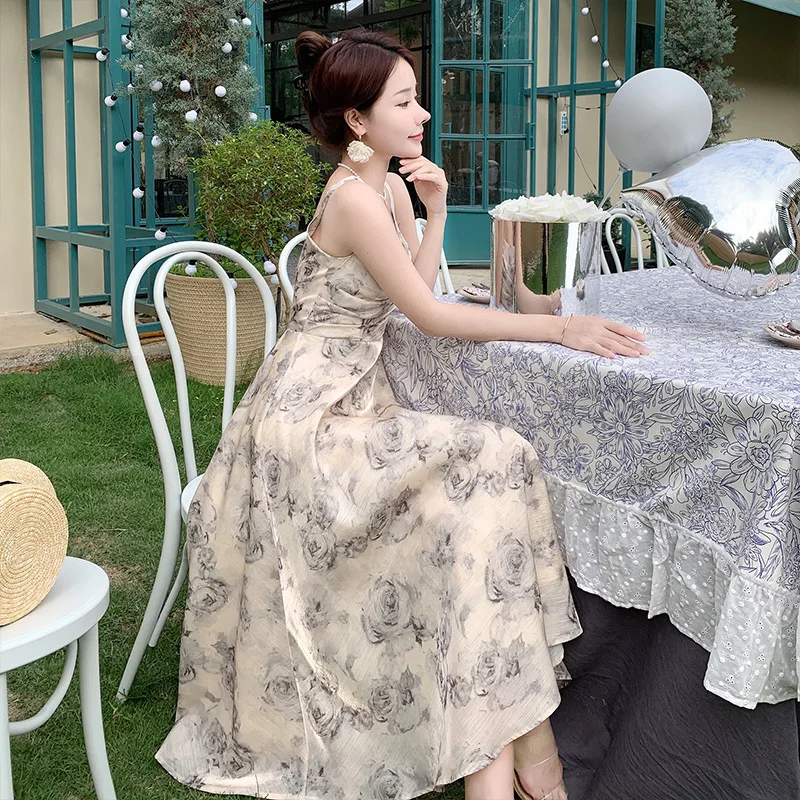 

2023 Summer Casual Outfit Party Chic Vestido Sexy Floral Print Dress Women Elegant Square Neck Puff Sleeve High Split Long Dress