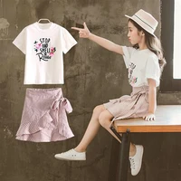 2022 summer kids baby teens girls clothes set child floral t shirt bow plaid skirts flounced suit 4 6 7 8 9 10 11 12 14 years