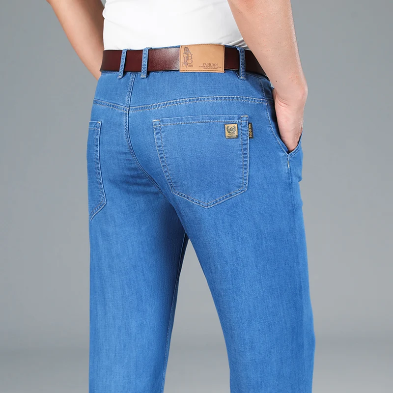 

Мужские деловые джинсовые брюки с высокой талией, модные Стрейчевые свободные прямые тонкие джинсы, Брендовые брюки для мужчин среднего возраста
