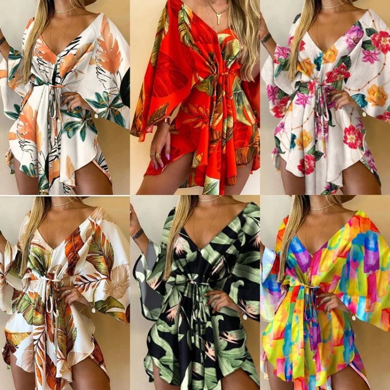 

2022 Spring/summer Cross-border Sexy V-neck Irregular Bat Sleeve Strap Dress