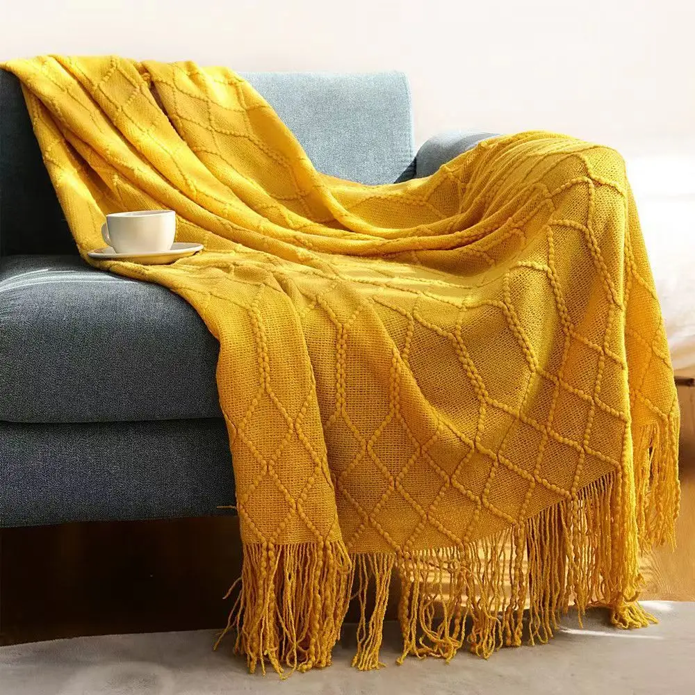 

Textile City Faux Cashmere Sofa Blanket Cover Nordic Style Knit Plaid Throw Tassels Bedspread Golden Blanket for Spring Summerq9
