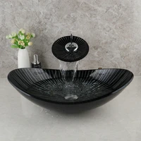 black tempered glass oval wash basin waterfall faucet vessel sink chrome tap sets