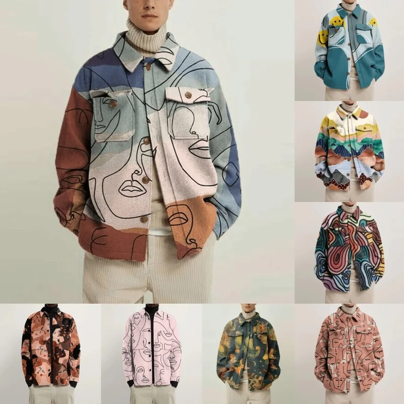 Men Coat Casual Hipster Spring and Autumn Abstract Face Color Printing Lapel Loose Pocket Single-breasted Long-sleeved Jacket