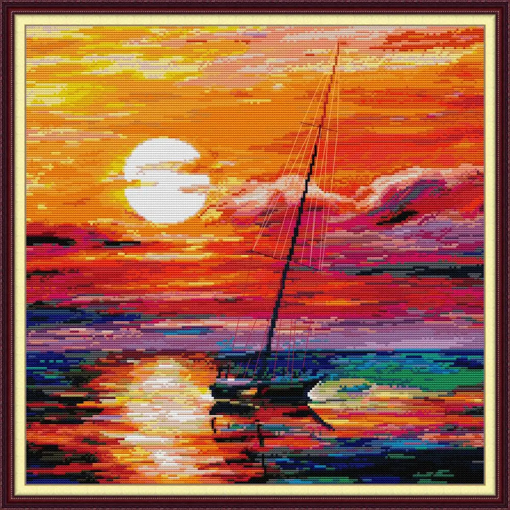 

Joy Sunday Pre-printed Cross Stitch Kit DIY Easy Pattern Aida 14/11CT Stamped Fabric Embroidery Set-Sunset