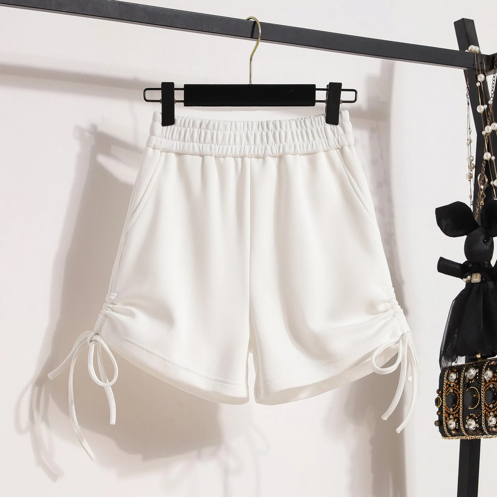 High Waist Hot Shorts Women For Summer Side Ruched Drawstring Lady Fashion Short Pants Stretch Slim Fit Casual Wear Bottom S-2XL