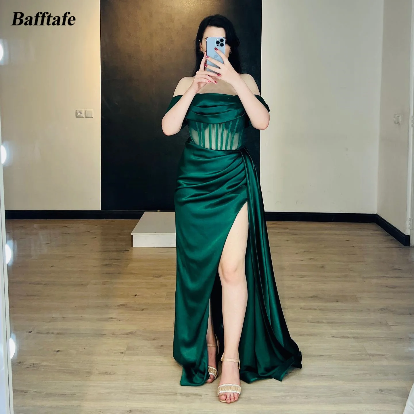 

Bafftafe Green Mermaid Evening Dresses Formal Prom Party Gowns Pleats Split Bodycon Off The Shoulder Special Dress Women Outfits