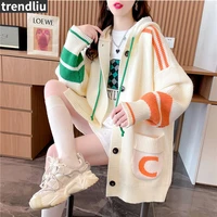 korean loose sweater oversized female cardigan 2022 spring autumn fashion hooded knitwear pull femme casual sweater coat white