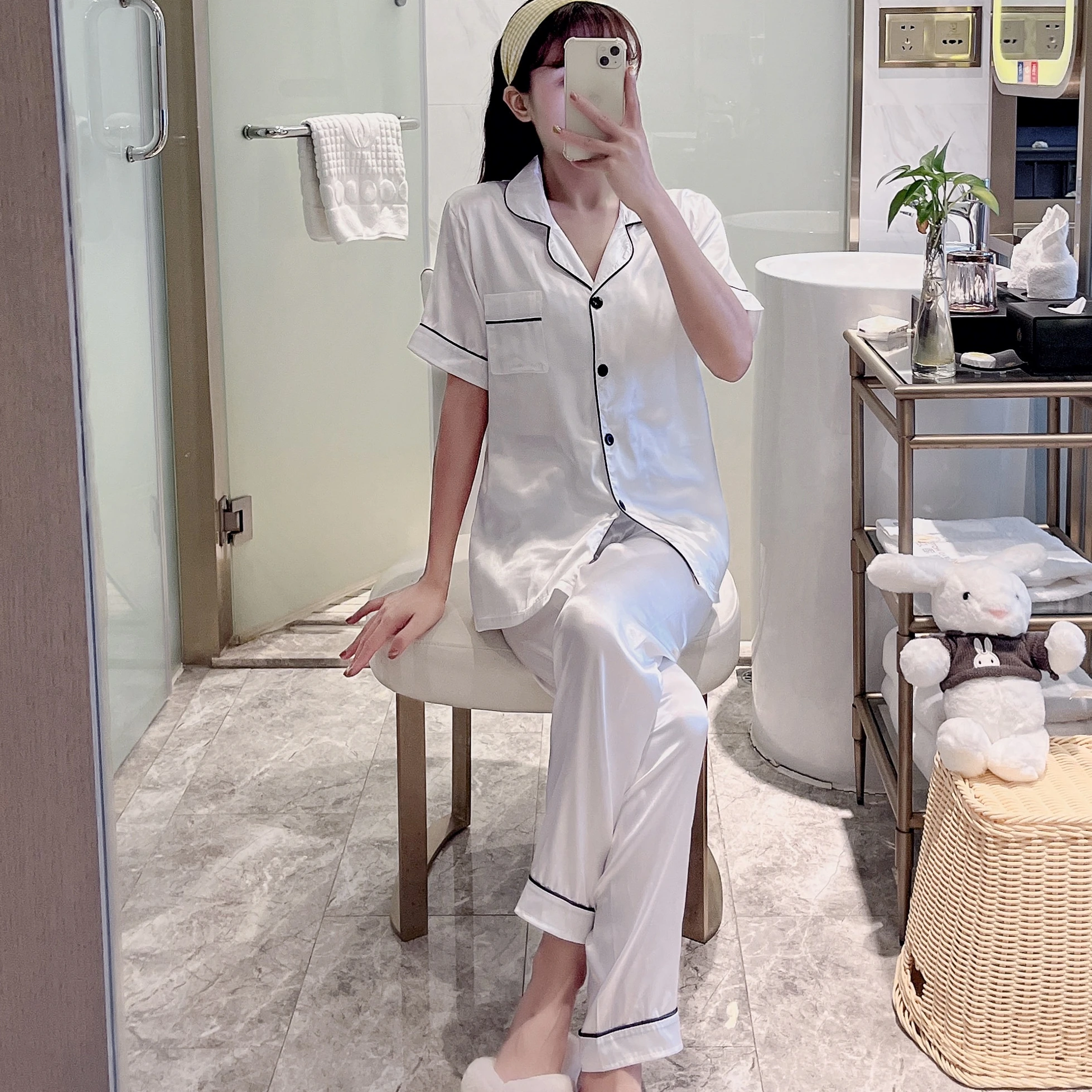 Summer long sleeve trousers solid color silk-like women's pajamas casual loose and comfortable girls home clothing two-piece sui