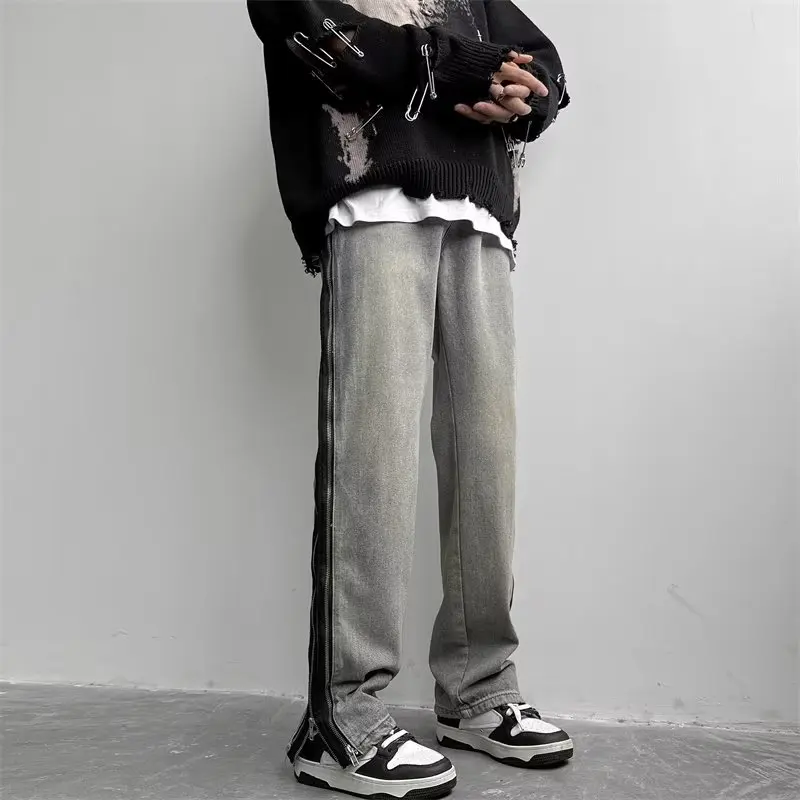 Popular Trendy Krean Style Jeans Casual High Street Long Pants With Full Long Side Zipper