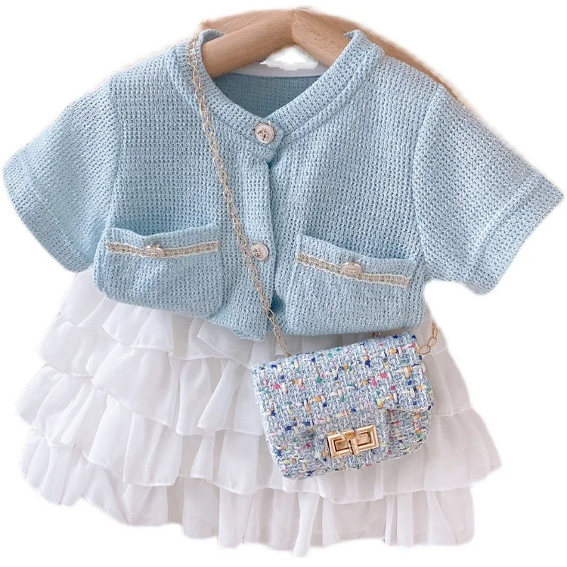 

Комплект летней одежды для девочек, элегантный вязаный кардиган для девочек, рубашка + юбка для торта, детская одежда принцессы на день рожд...