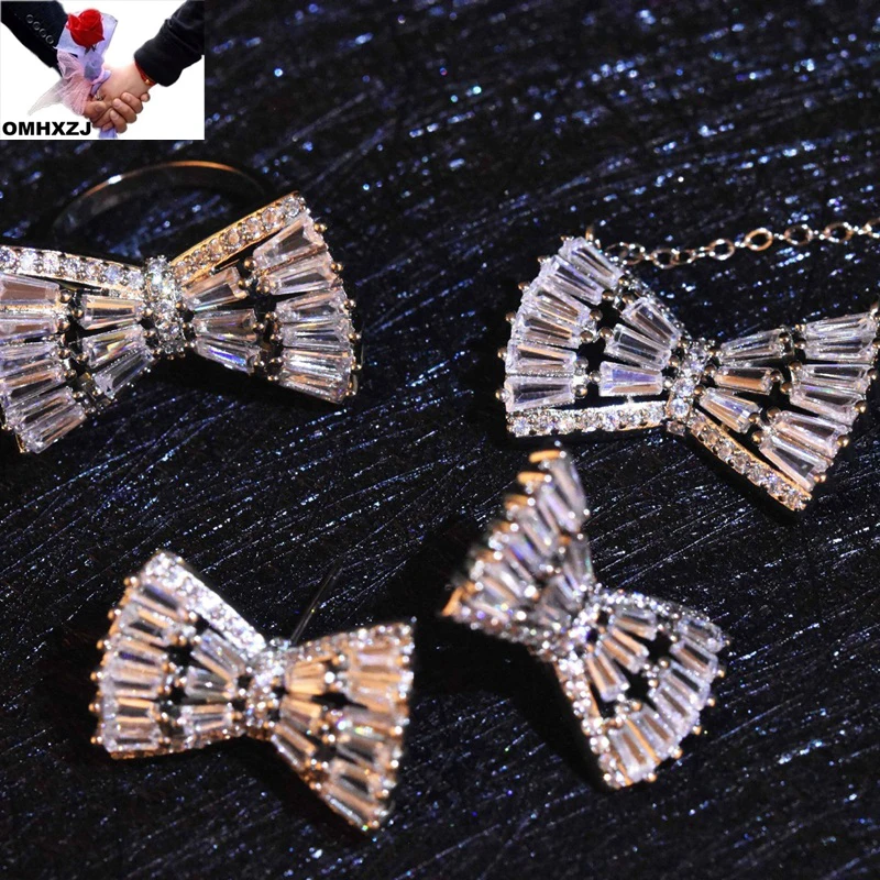 

OMHXZJ Wholesale JE253 European Fashion Woman Party Birthday Wedding Gift Bow 18KT White Gold Earrings+Ring+Necklace Jewelry Set
