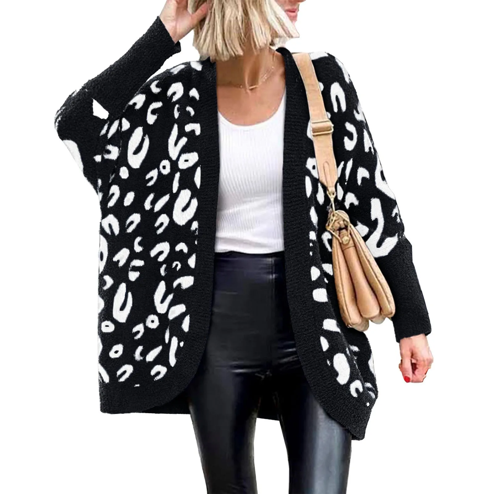 

Women Fashion Leopard Print Long Sleeve Sweater Cardigan Loose Knit Open Front Fall Winter Outwear Coats
