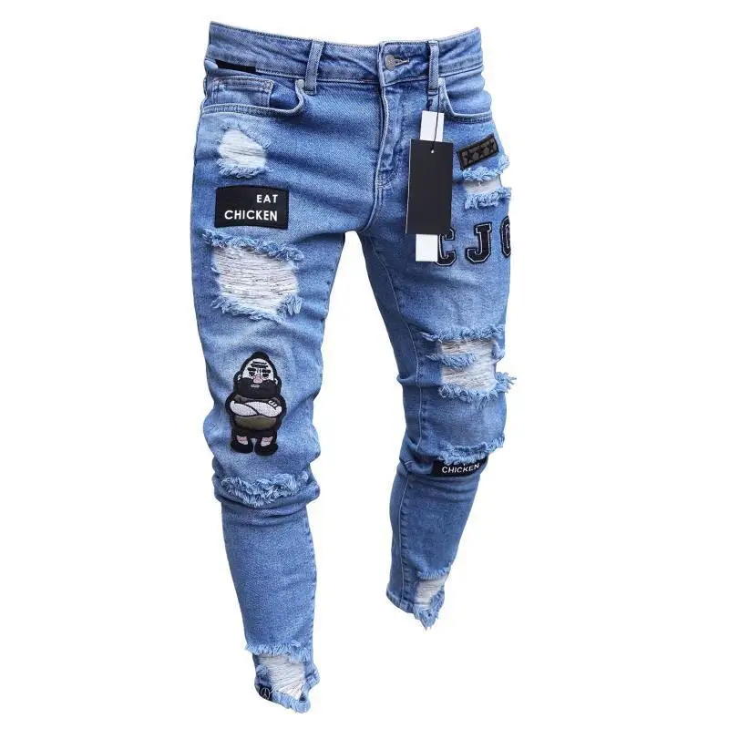 Fashion Embroidery Hole Slim Jeans For Men Casual Hip Hop Streetwear Patch Frayed Brand Denim Pencil Pants 207