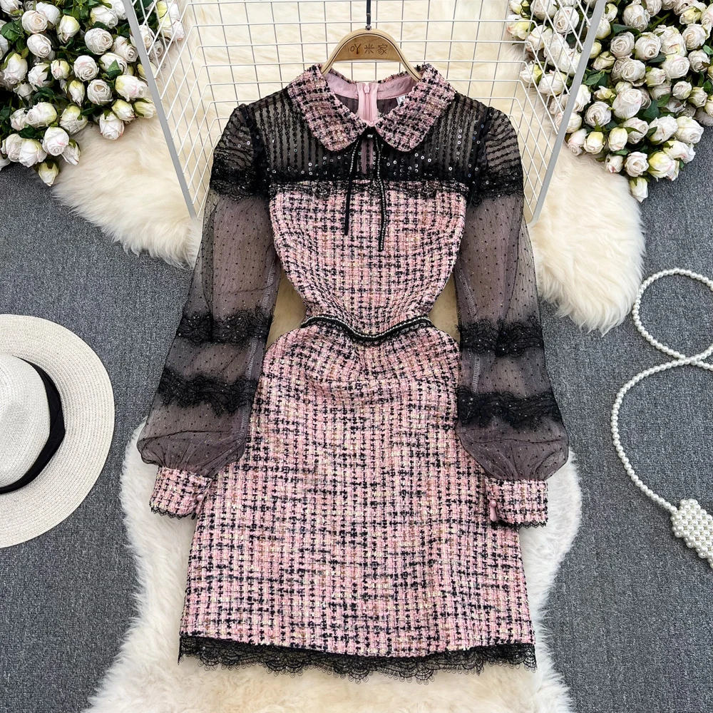 

Осенняя винтажная маленькая твидовая юбка с отложным воротником