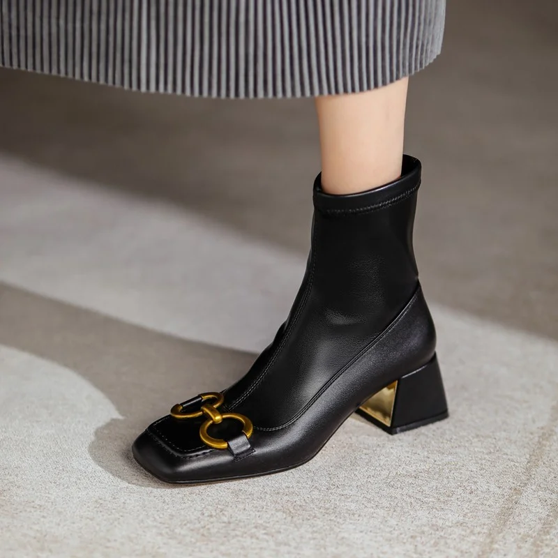 

Women Short Boots Autumn Winter Square Toe Slip-on Mid Heel Ladies Boots PU Leather Metal Decoration Solid Office Lady Shoes
