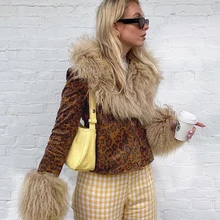 Leopard Print Furry Collar Baseball Uniform Cropped Jacket Woman Coat Long Sleeve Slim Vintage Casual Jacket Winter Jacket Women