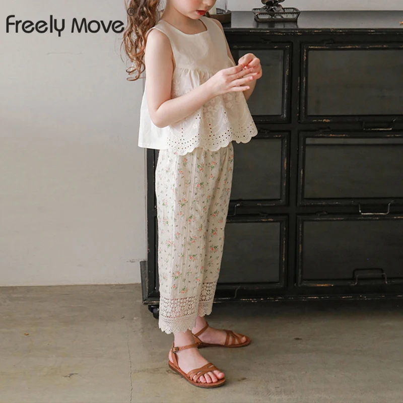 

Freely Move Children's Pants 2022 Summer New Girls Casual Lace Wide Leg Pants Floral Cotton Waist Baby Casual Pants Korean Style