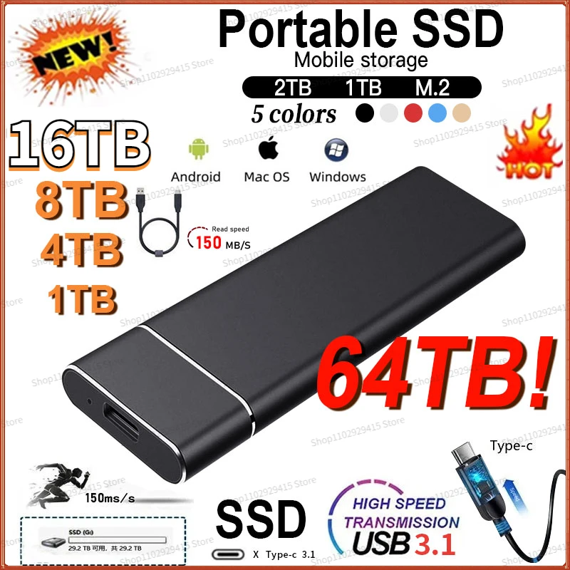 

128TB Portable SSD 1TB M.2 Mobile Solid State Drive USB3.1 High-speed Hard Disk External Hard Disk For laptops/desktop/ps5 hdd