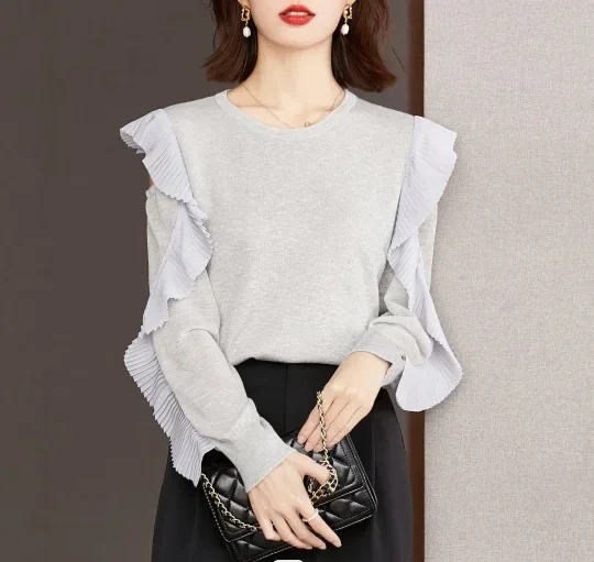 Элегантный стильный вязаный топ с рюшами и краями уменьшающий возраст для осени