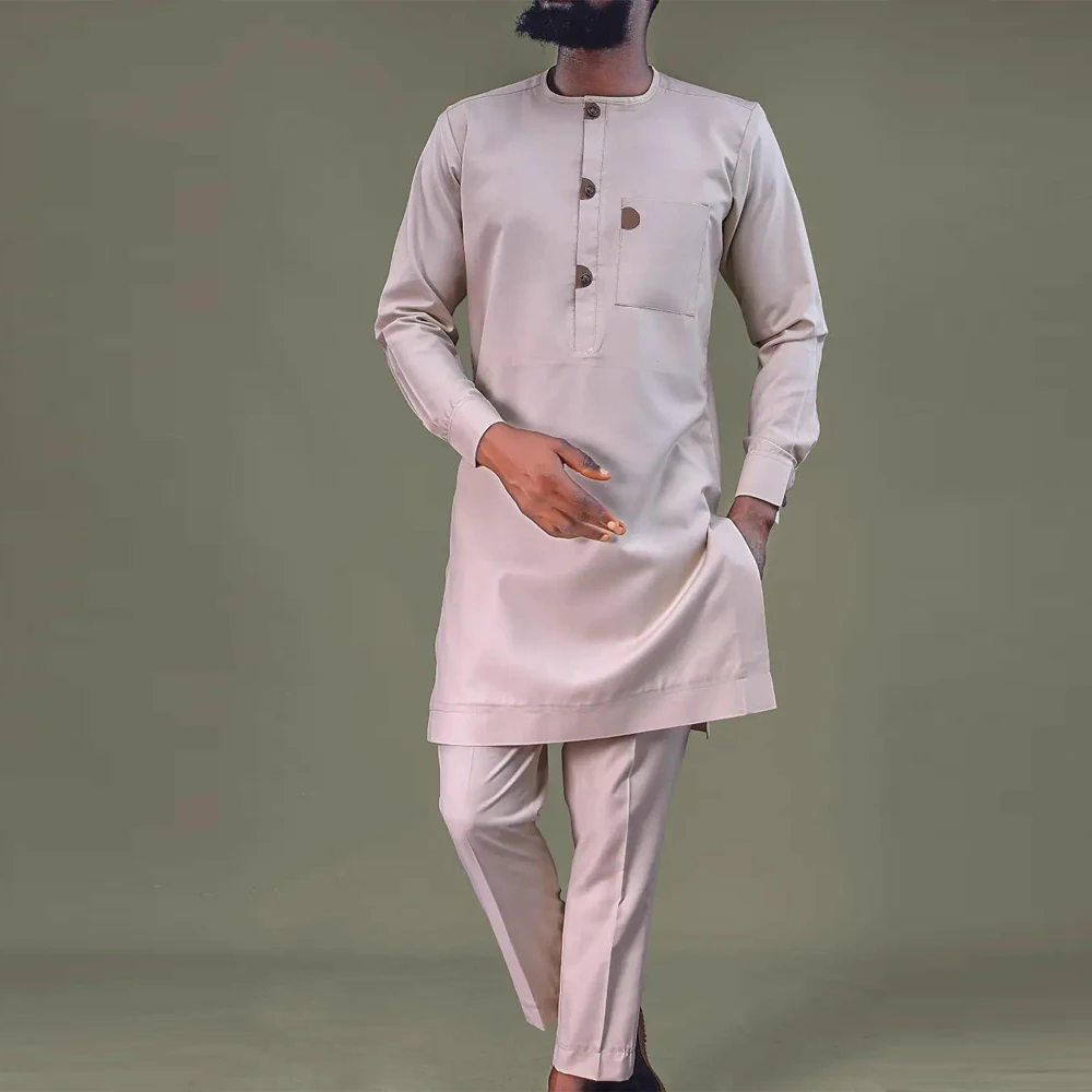 2023 Men Sets Clothes Outfits Printed with Pockets Long Sleeve Tops Trousers African Ethnic Dress Men Suits Business Costumes