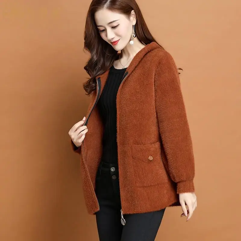 Parkas Women's Outdoors Coats 2022 Winter Faux Fur Imitation Mink Velvet Zipper Splicing Hooded Cardigan Casual Jackets Woman