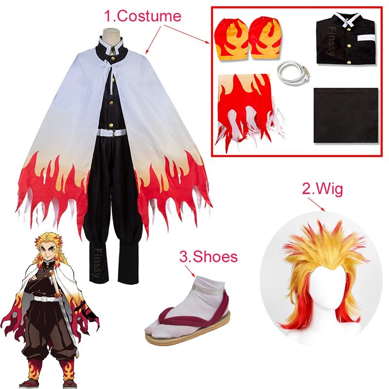 

Demon Slayer Rengoku Kyoujurou Cosplay Costume Halloween Kimetsu no Yaiba Cosplay Wig Shoes For Adults Child Height 100cm-183cm