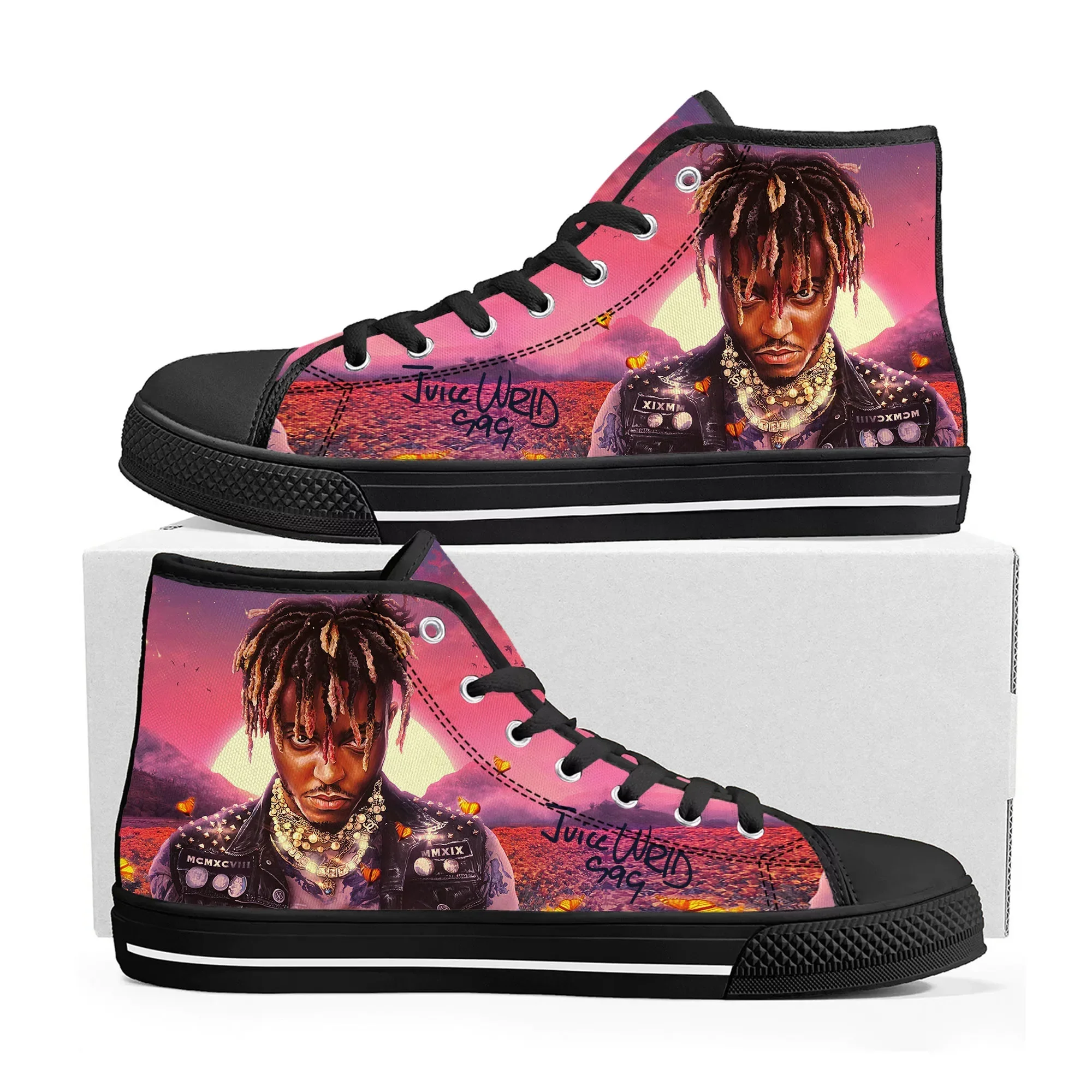 Фото Кроссовки Juice Wrld Hip Hop Rapper High Top высокого качества для мужчин, женщин и подростков, повседневные парные кеды из канваса, обувь на заказ №2