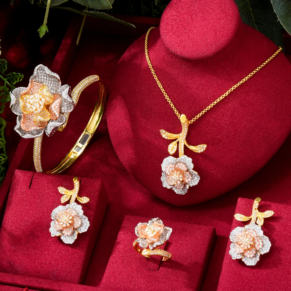 

Jimbora Luxury Shiny Tricolor Rose Drop Necklace Earrings Ring For Women Bridal Wedding Cubic Zirconia Costume Jewelry Sets