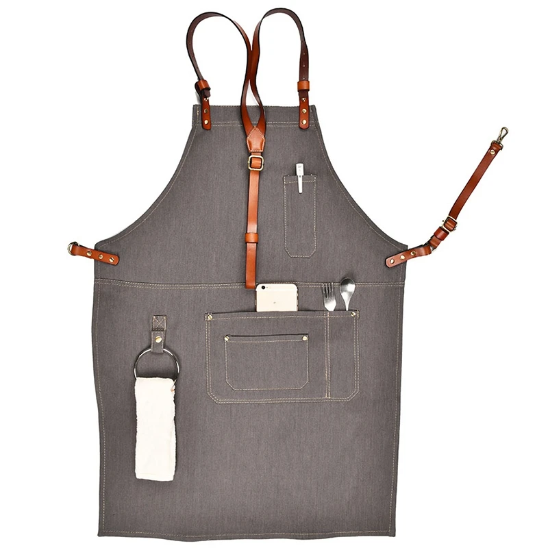 

Senior Denim Cowboy Bbq Apron Bib Leather Straps Kitchen Apron For Women Men Barber Cooking Restaurant Waitress