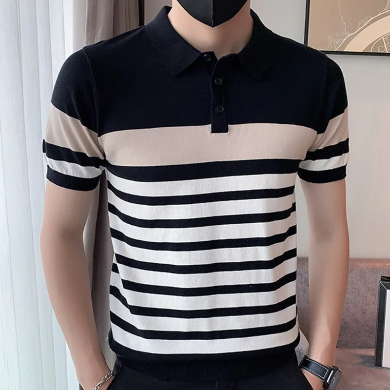

2023 Summer Stripe Hit Color Short Sleeve Polo Shirt Men Slim Breathable Para Hombre Knitted High Quality