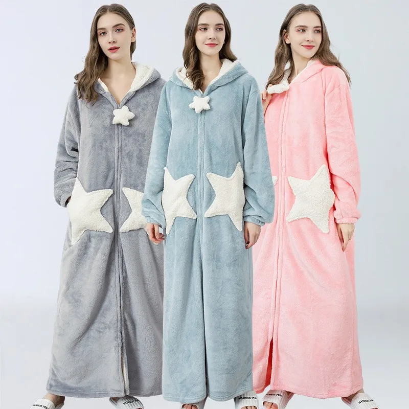 Flannel Robe Women'S Pajamas Winter Star Nighty Bathrobes Warm Night Wears Cute Home Clothes Sleep Top Light Robes for Coverage