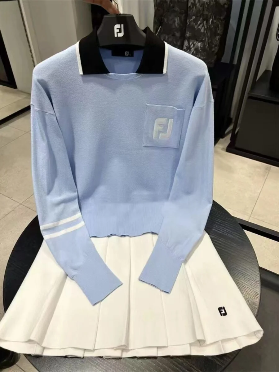 

2023Korean Golf Women's Autumn/Winter Polo Collar Colored Long Sleeve Knitted Sweater GOLF Clothing Ball Top Polo Collar