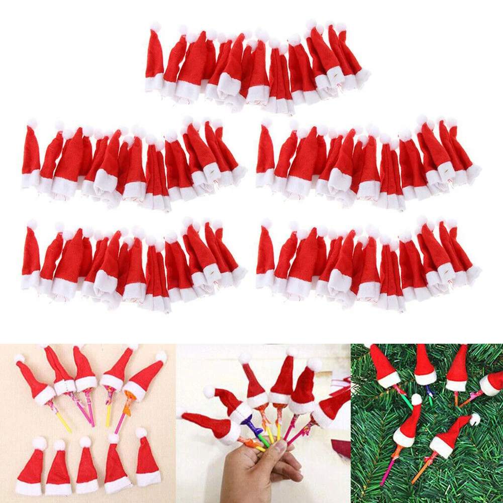 50/100PCS Christmas Candy Topping Hat With Lollipop Mini Christmas Hat New Year Gift For Kids Decorations For Home