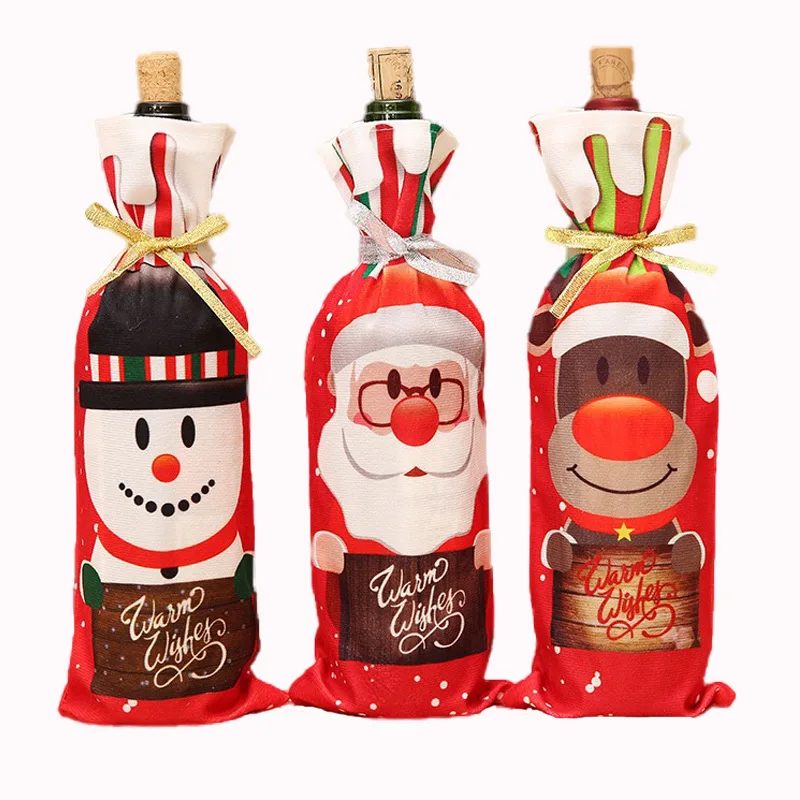 

New Christmas Decorations Festive Home Table Beam Mouth Wine Bottle Set Dress Up Supplies Printing Cartoon Red Wine Bottle Set